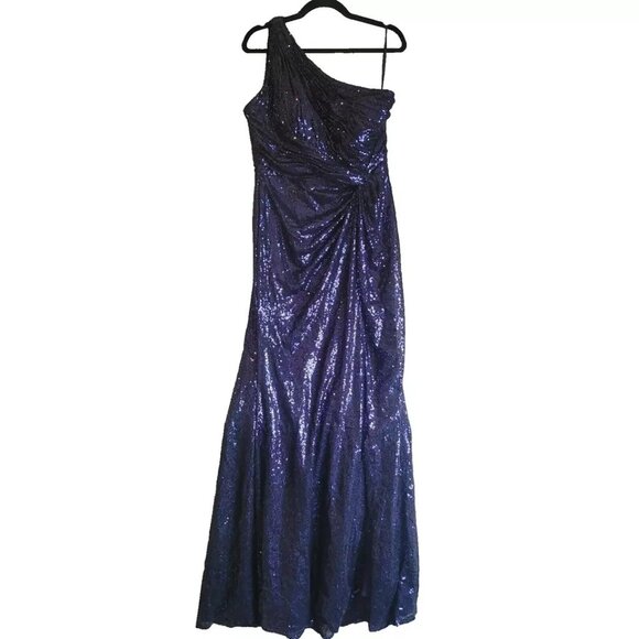 Rene Ruiz Women One-Shoulder Sequin Long Gown Purple Slit Drape Waist Sz12 $1595 - Picture 4 of 13